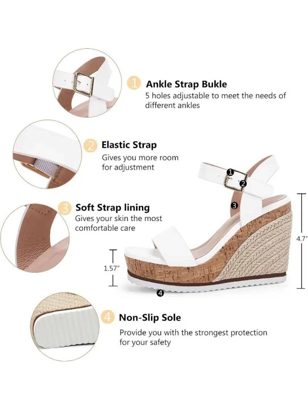 Women's White Espadrille Wedge Platform Sandal Open Toe Ankle Buckle Strap Shoes